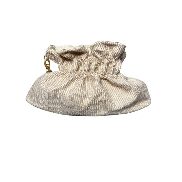 Cult Gaia Bara Shoulder Bag Cream Raffia Ruched Gold Chain Purse - Picture 12 of 16